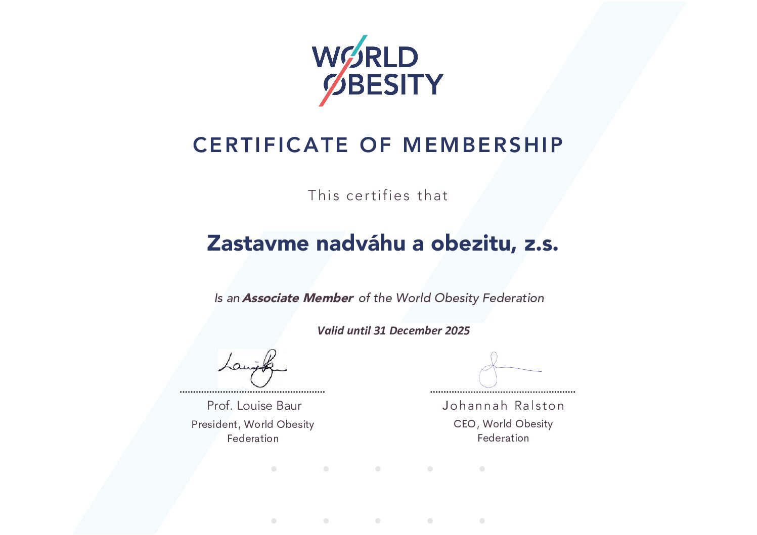 Certifikát World Obesity Federation - Zastavme nadváhu a obezitu
